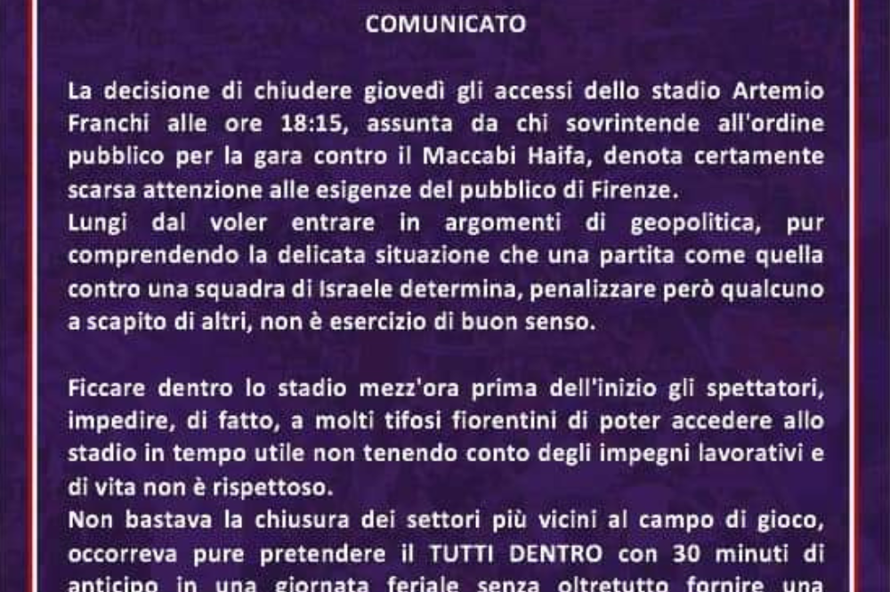 Fiorentina, proteste dell'ATF per la gara col Maccabi: 