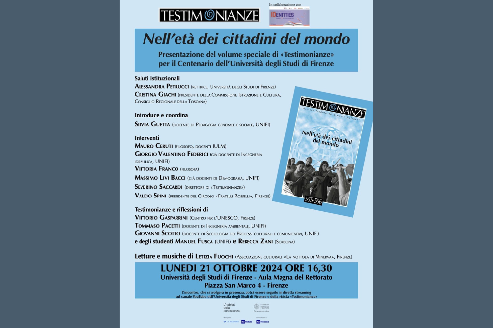 “Nell'età dei cittadini del mondo” - Presentazione del volume speciale di ‘Testimonianze’ per il Centenario dell'Università degli Studi di Firenze