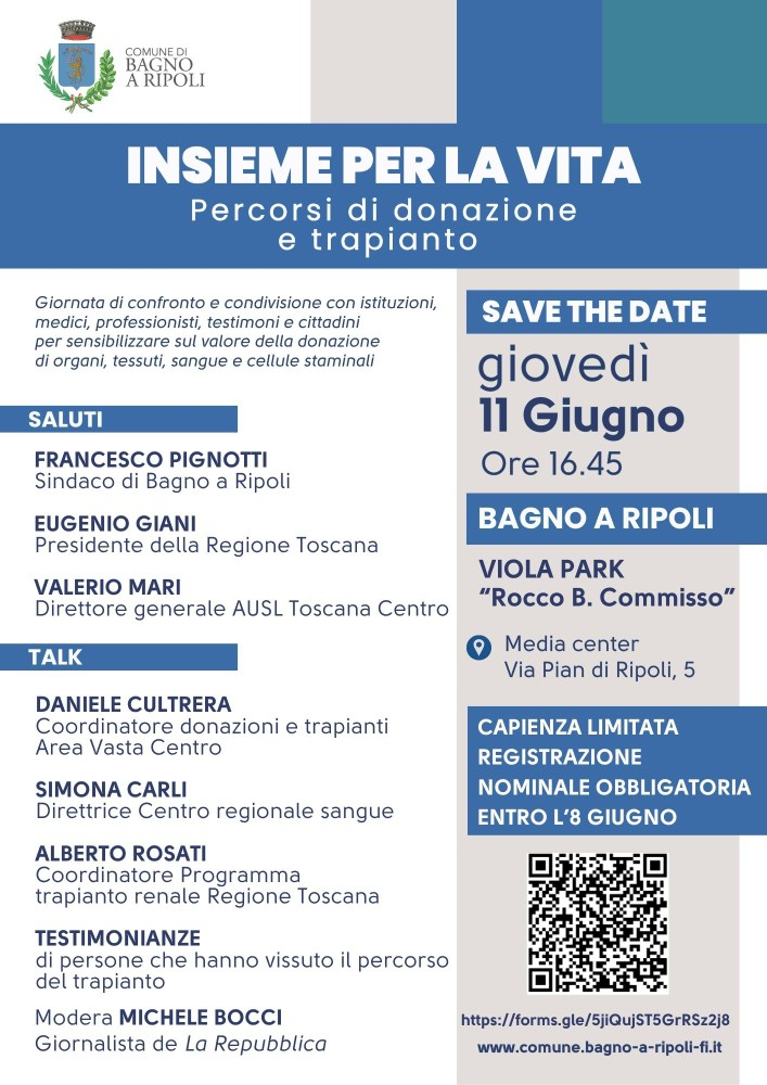 “Insieme per la vita”, a Bagno a Ripoli una giornata dedicata alla donazione e ai trapianti: giovedì 11 giugno al Viola Park