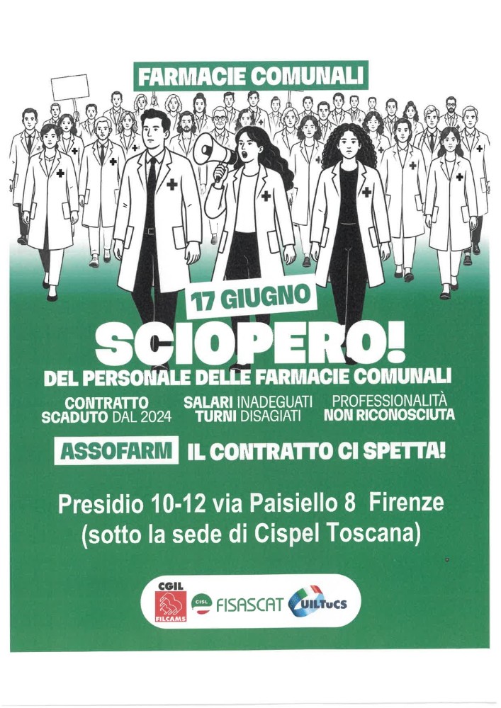 Farmacie comunali: mercoledì 17 giugno sciopero nazionale unitario dei dipendenti delle Farmacie Speciali ASSOFARM