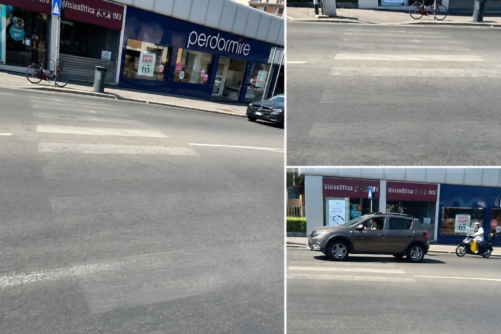 Strisce pedonali quasi cancellate in via di Novoli: «Qui si rischia troppo»