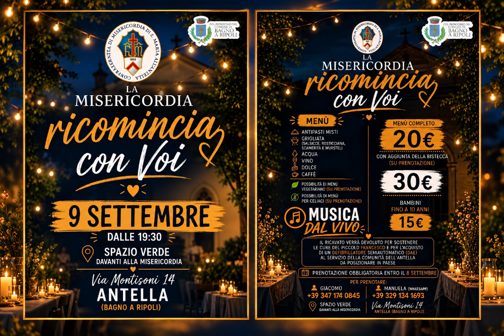 Antella, “La Misericordia ricomincia con voi”: cena solidale e musica dal vivo