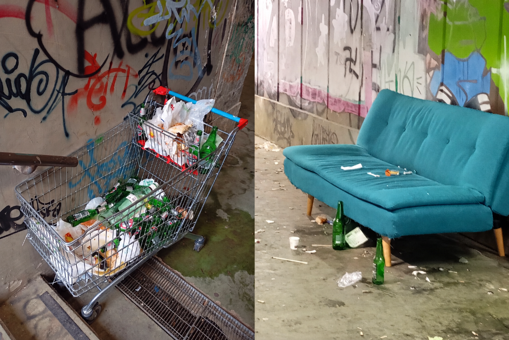 Rovezzano, divano abbandonato e carrello pieno di bottiglie: il degrado alla stazione