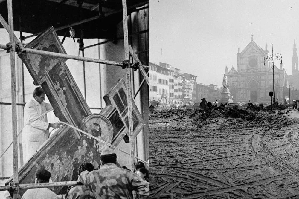 A sessant’anni dall’alluvione di Firenze, le fotografie di Ivo Bazzechi sulla facciata del Kunsthistorisches Institut in Florenz